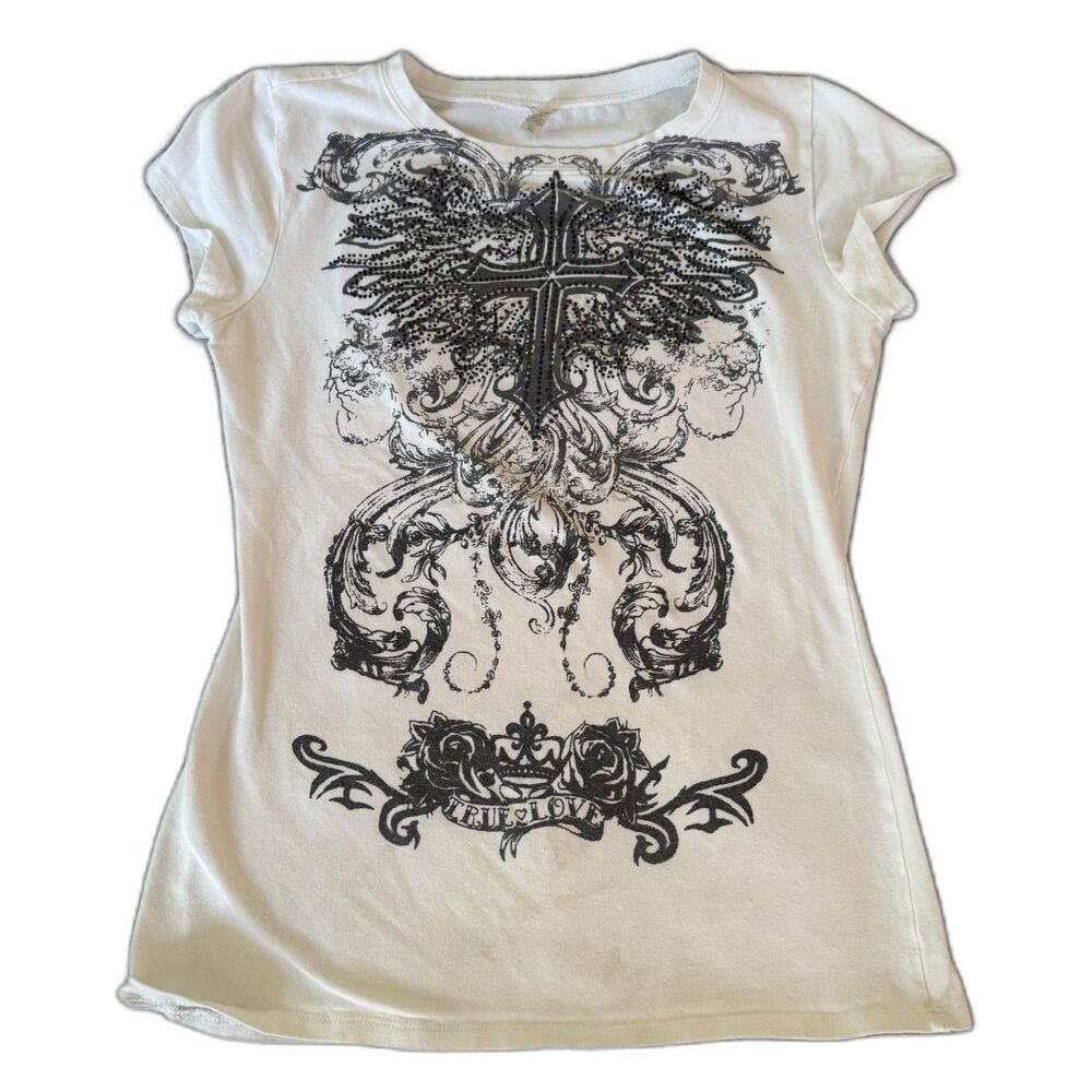 Y2K White Graphic Tee Cross/Wings Goth Grunge T-Shirt XL Slim Fit